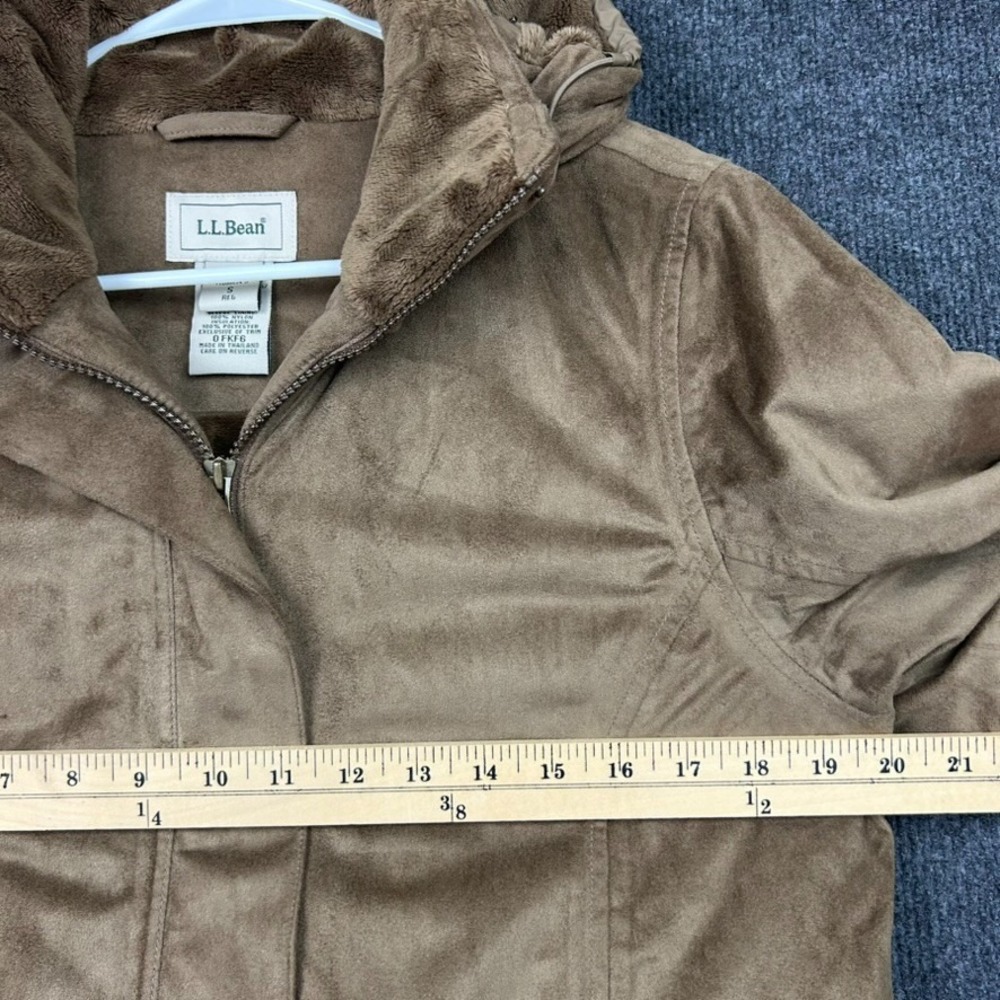 LL Bean Women's Small Faux Suede Hooded Jacket Brown Plush Full Zip Snaps - Picture 14 of 16